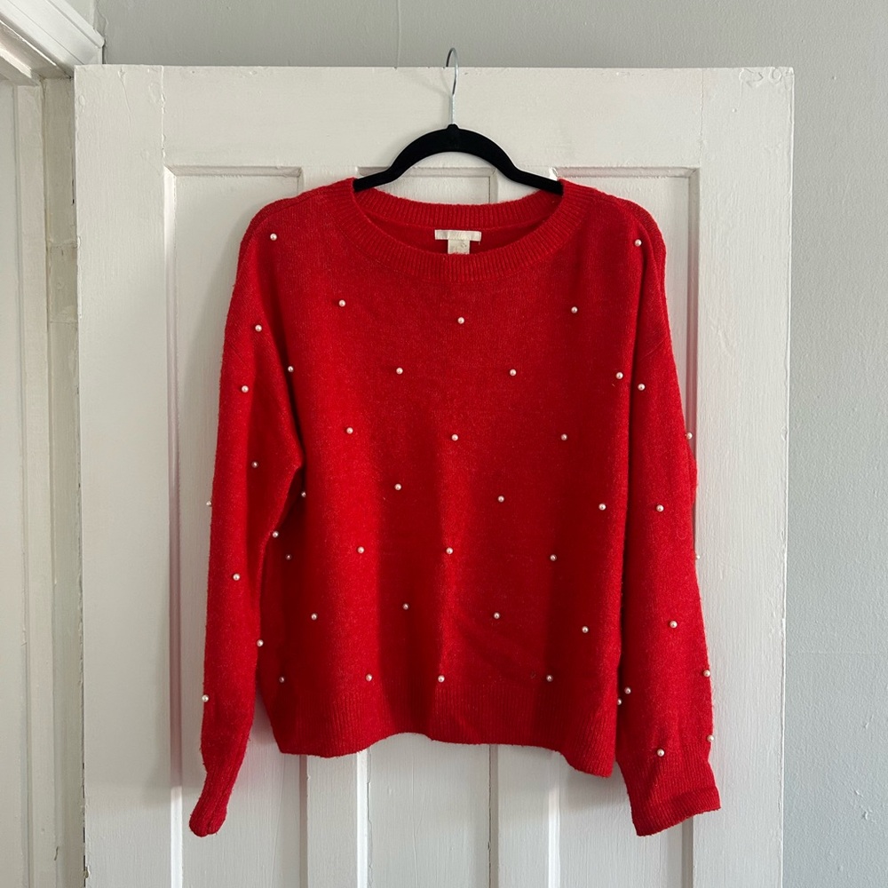 Pearl-studded Red Sweater